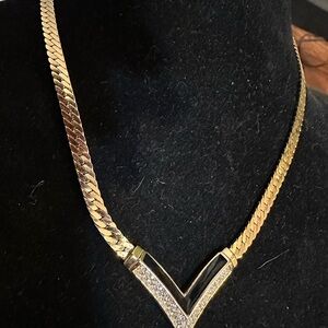 Christian Dior Gold Tone V Pendant Necklace w/ Rhinestones rare 1970’s vintage